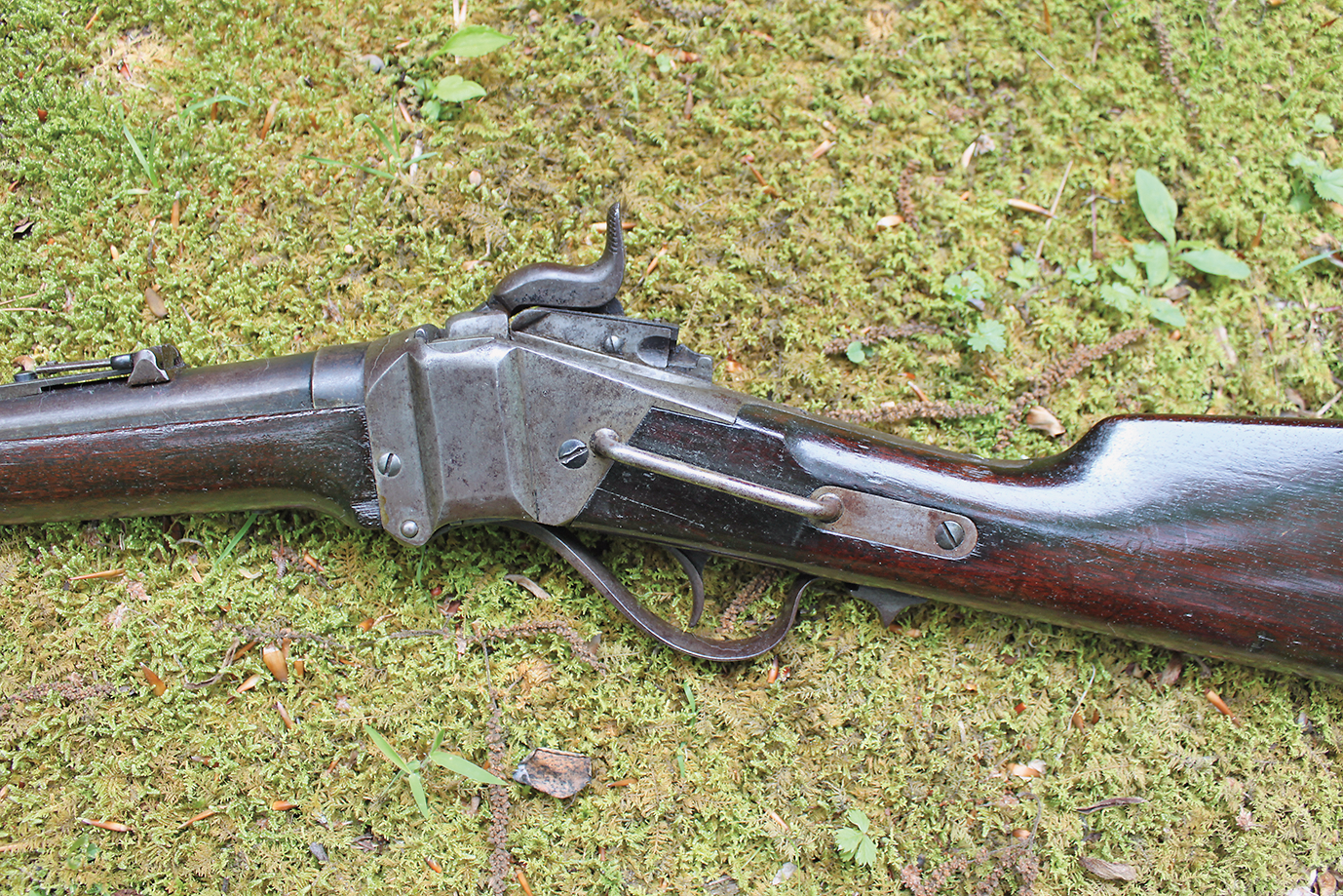 A left side view of the Sharps carbine. Long ago someone took off the noisy saddle ring-IMG_9764_scaled
